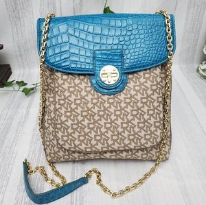 DKNY Teal Croc Print & Signature Logo Crossbody Bag Chain Strap